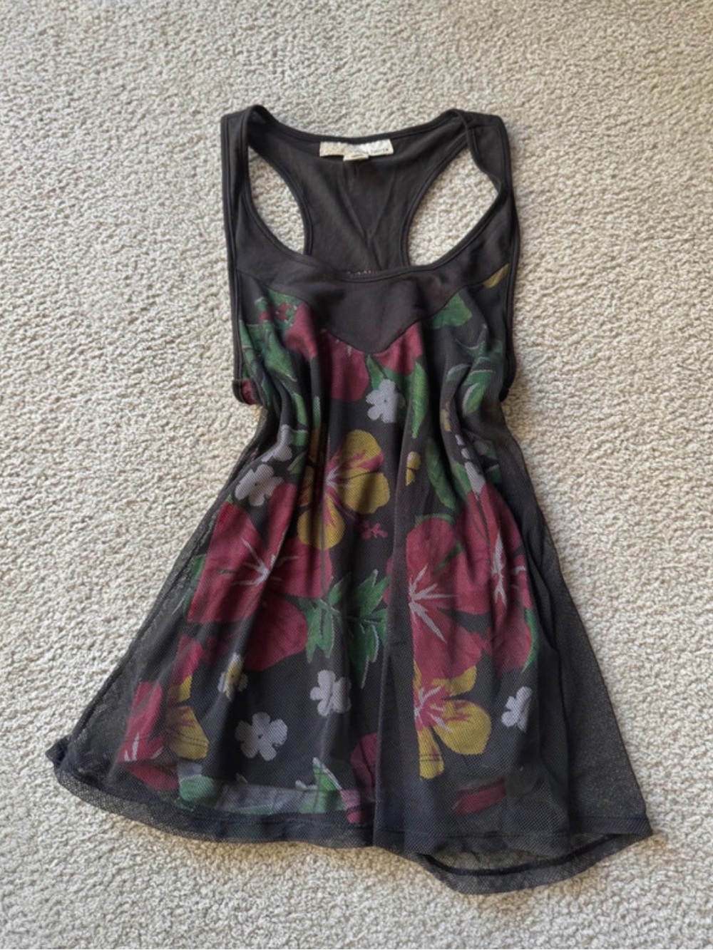 Derek Heart Black Mesh Mini Dress with Red, Yellow & Green Floral Print y2k